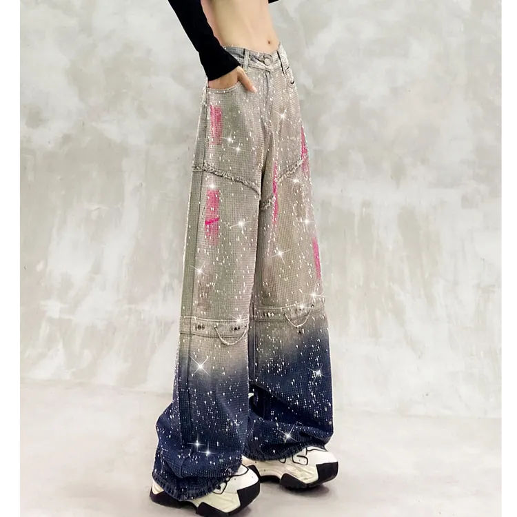 2025春秋新品欧货个性满天星烫钻彩绘渐变色牛仔裤女直筒阔腿长裤