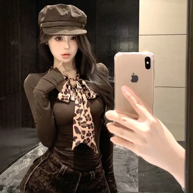 美式复古豹纹飘带拼接假两件长袖上衣秋季新款性感辣妹弹力打底衫