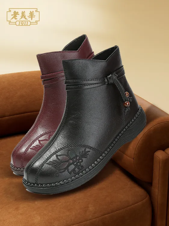老美华女士短靴新中式科技布酒红色黑色布鞋434201051/43D77259B