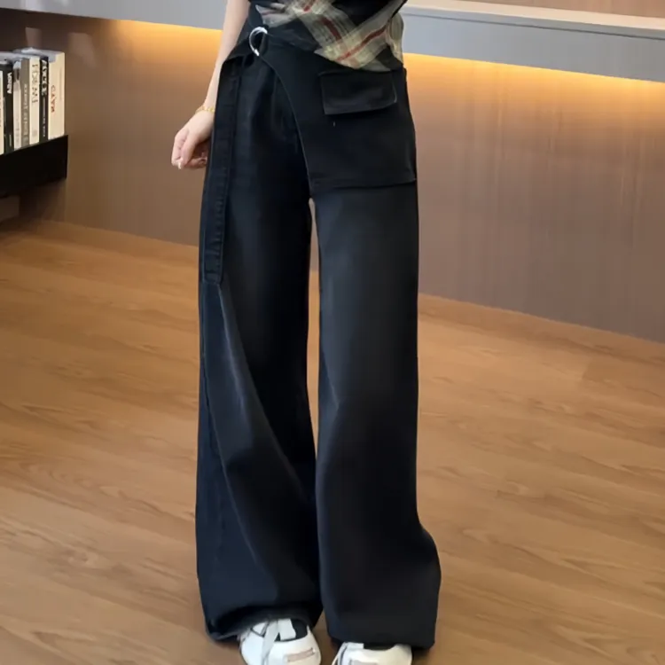 黑灰色设计感屁帘阔腿牛仔裤女秋季新款高腰假两件直筒潮流拖地裤