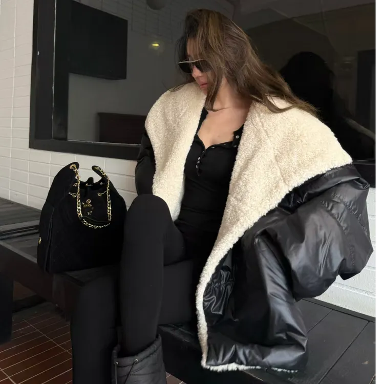 XYSF极简   欧美防真羊羔毛大翻领拼接棉衣中长外套  