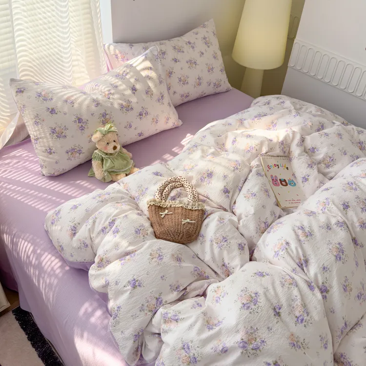 A类软糯双层皱皱纱四件套小清新家用网红款套件被套床单 四季通用