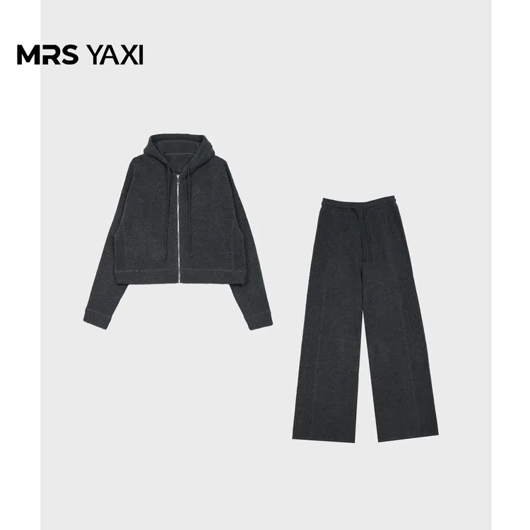 Mrsyaxi连帽全羊毛针织上衣+松紧腰针织裤套装YX4122006