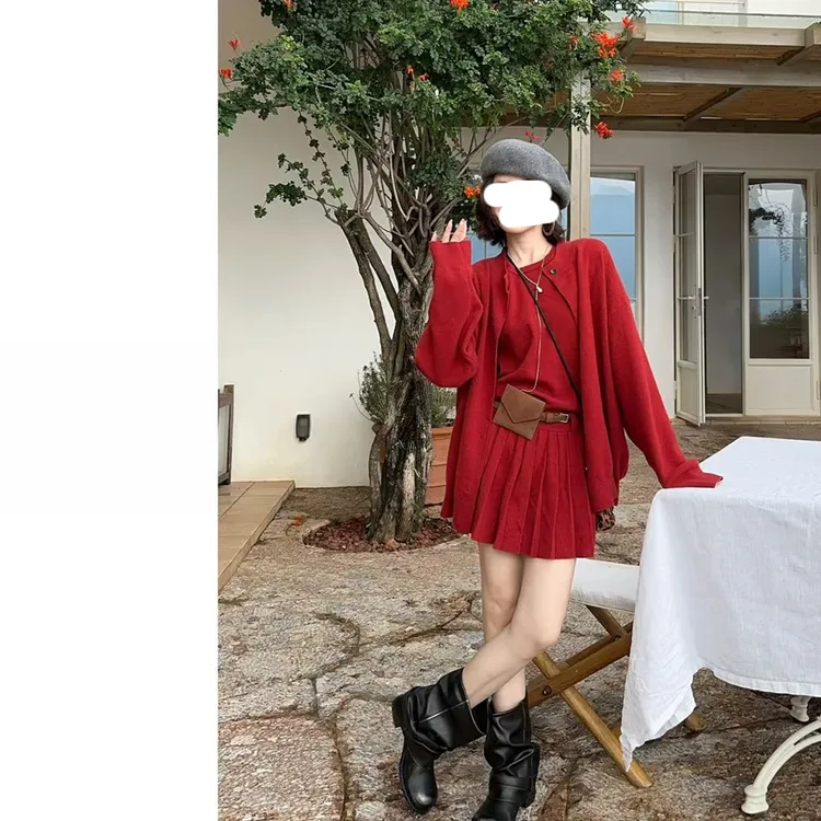 【高智千金】针织套装背心百褶连衣裙开衫套装显瘦两件套女款S11111
