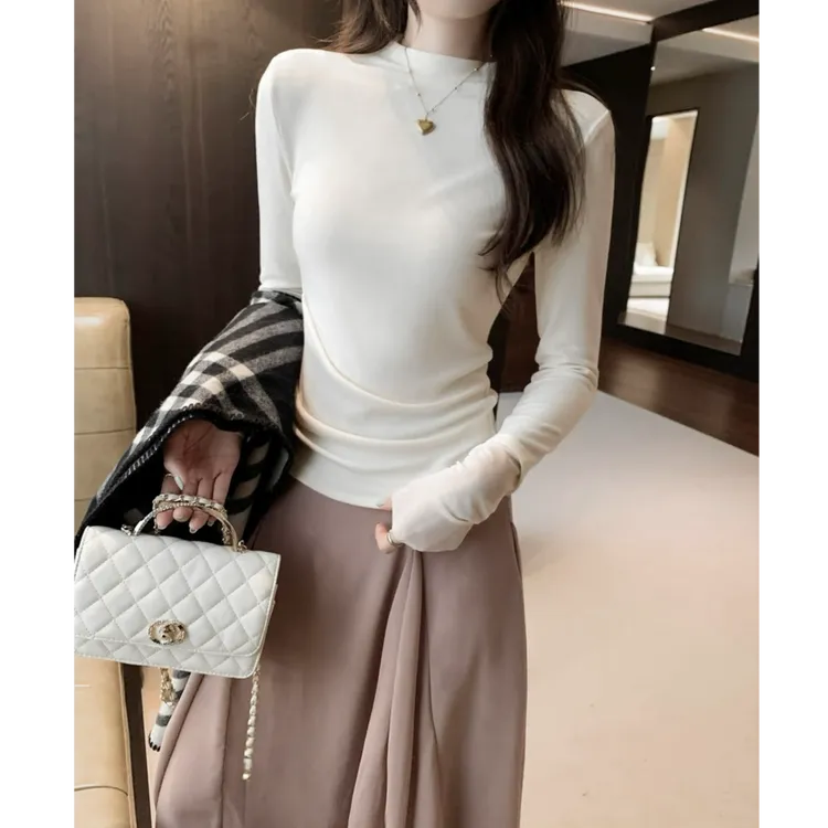 2025女秋新款纯欲辣妹风拼接圆领长袖T恤修身显瘦收腰打底衫上衣