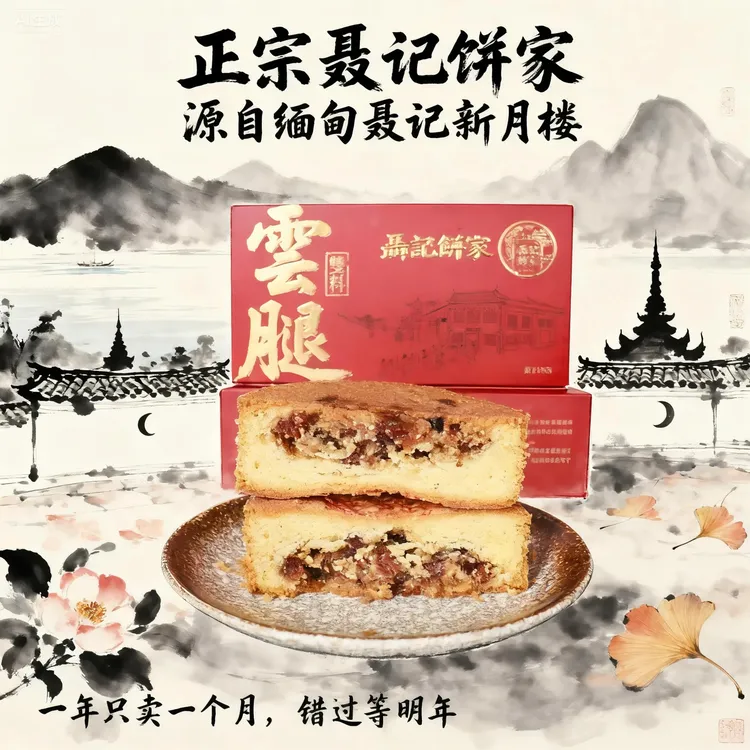 云南缅甸聂记饼家原聂记新月楼云腿豆沙中秋火腿滇式月饼老式手工