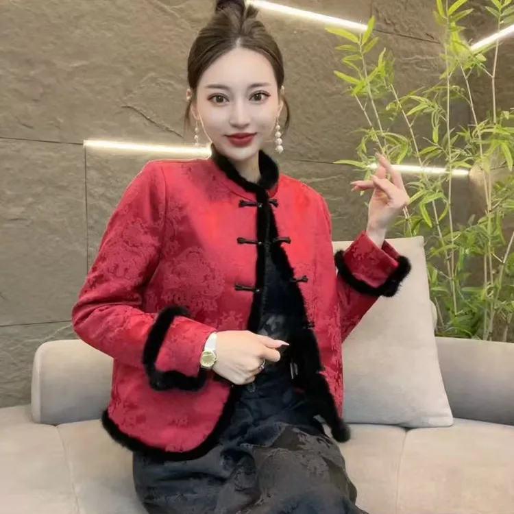 新中式女秋冬厚款立领冬季时尚民族风加棉短外套重工锦缎提花棉服