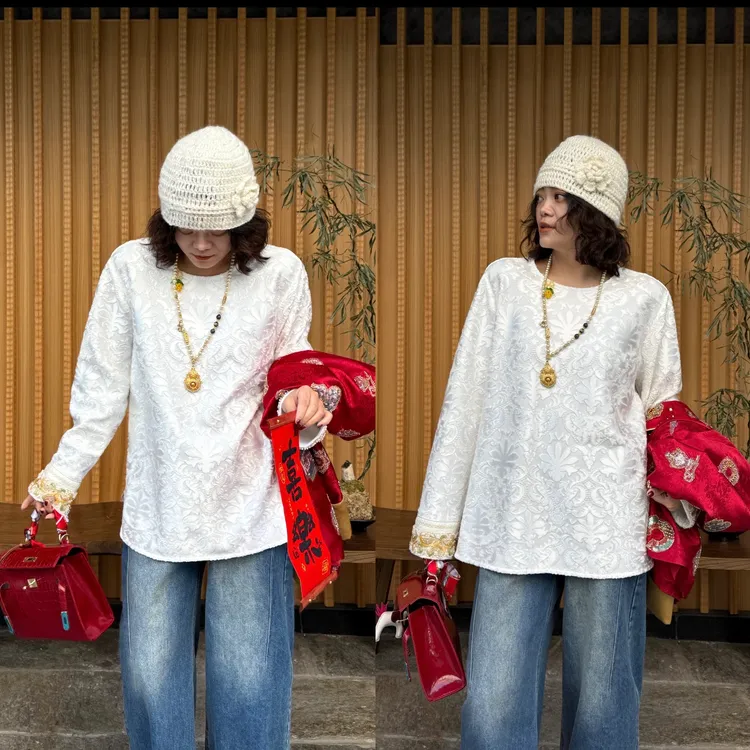 YDFSTUDIO小众【云锦春华】新中式国风重工撞色拼接设计百搭上衣