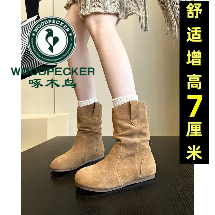 啄木鸟7cm内增高短靴女2025秋季马丁靴圆短筒勃肯美拉德堆堆靴子5