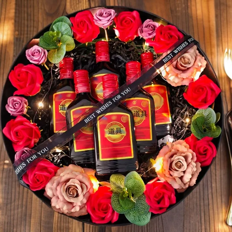 情人节圣诞节圆形礼盒玫瑰永生花装酒送闺蜜老公生日礼物
