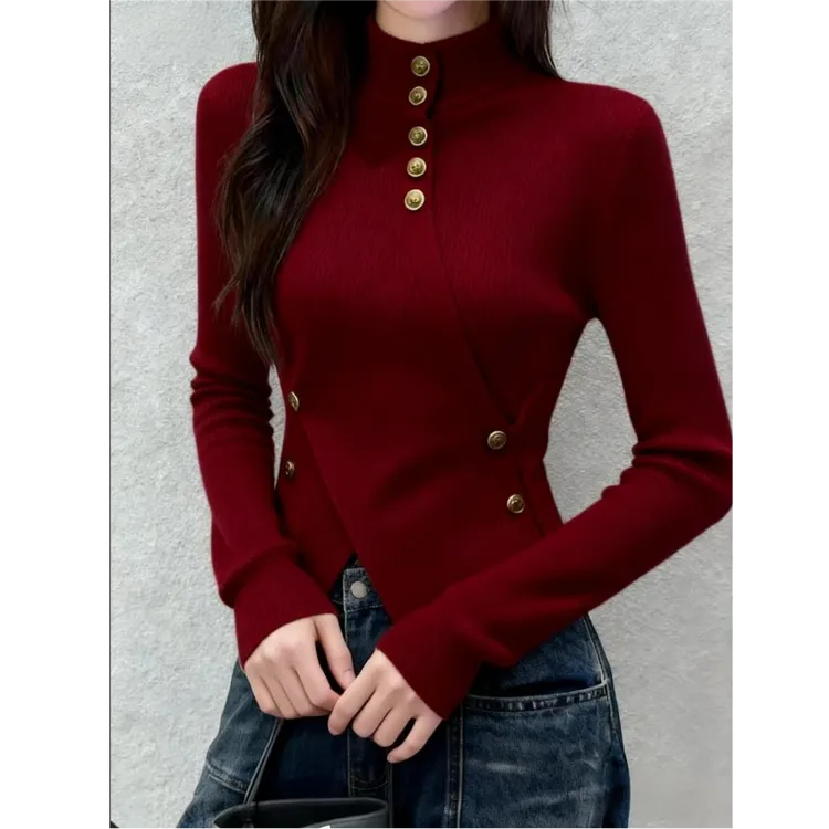高级感时尚显瘦红色针织衫女秋冬新款小众修身半高领打底内搭上衣