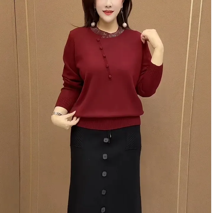 韩系中年妈妈高级休闲针织外穿打底衫冬季新款气质拼接烫钻毛衣女