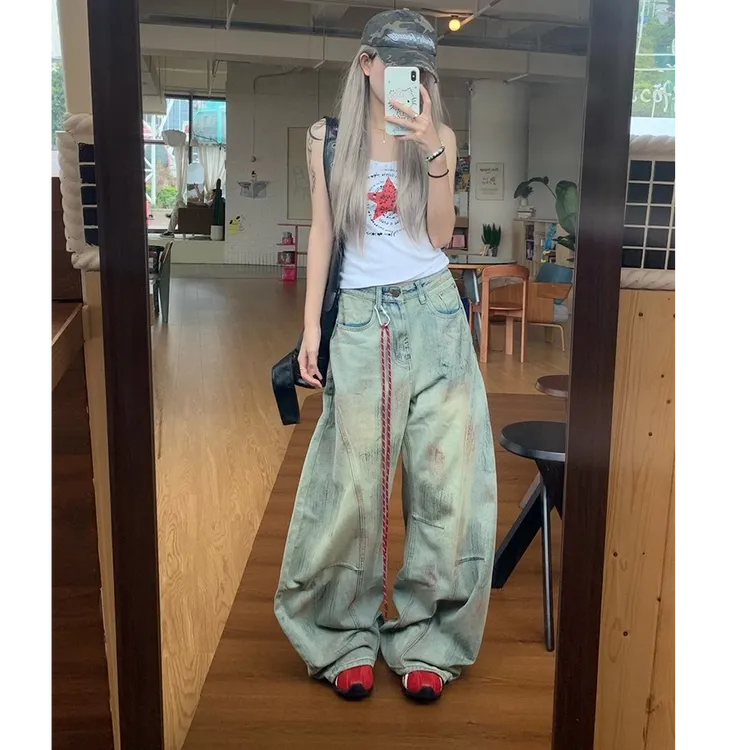 【现货+运费险+送挂绳】美式弯刀牛仔裤女秋季宽松阔腿拖地镰刀裤子