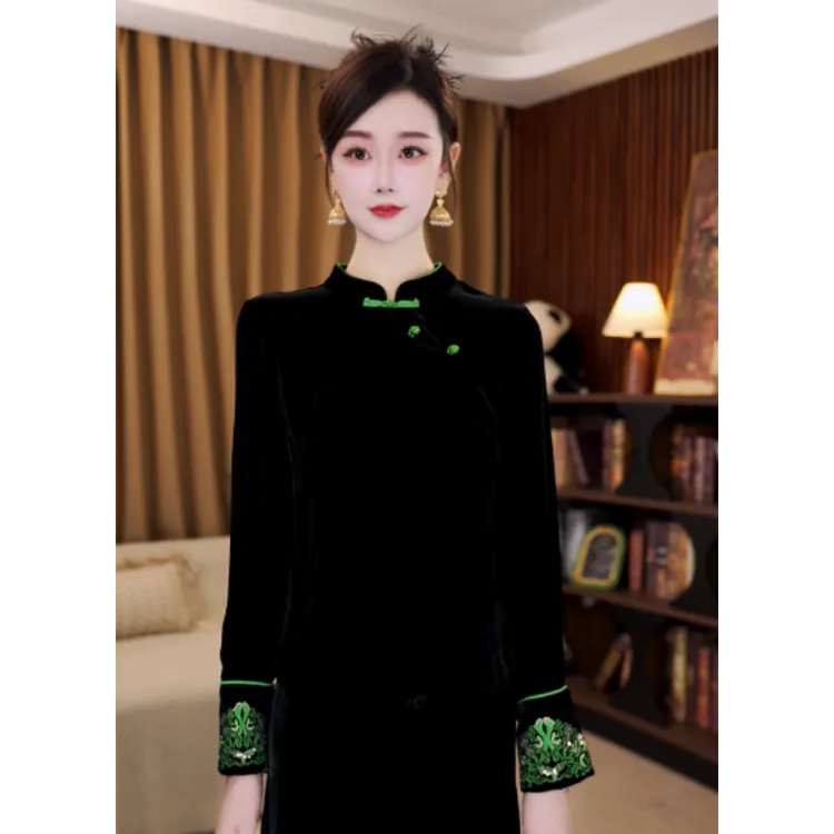 【花间意】满分桑蚕丝新中式国风斜开襟袖口绣花丝绒上衣LYFSY0605