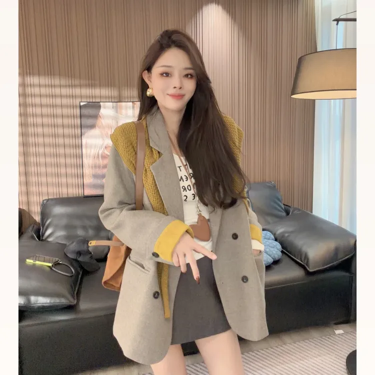 时尚设计感韩系秋款高级感气质双排扣西装外套