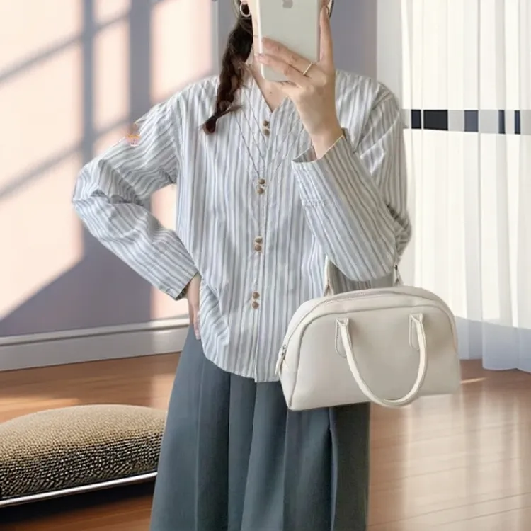 【雅岚女装】时尚洋气显瘦纯棉条纹长袖衬衫女春秋新款宽松气质休闲