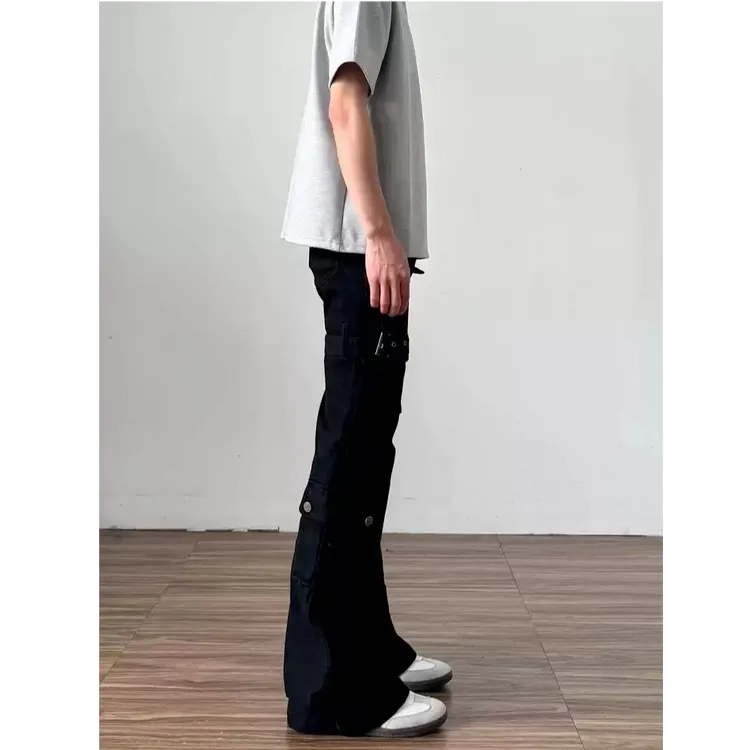 夏季黑色vibe绑带微喇工装牛仔裤男cleanfit美式高街修身裤子长裤