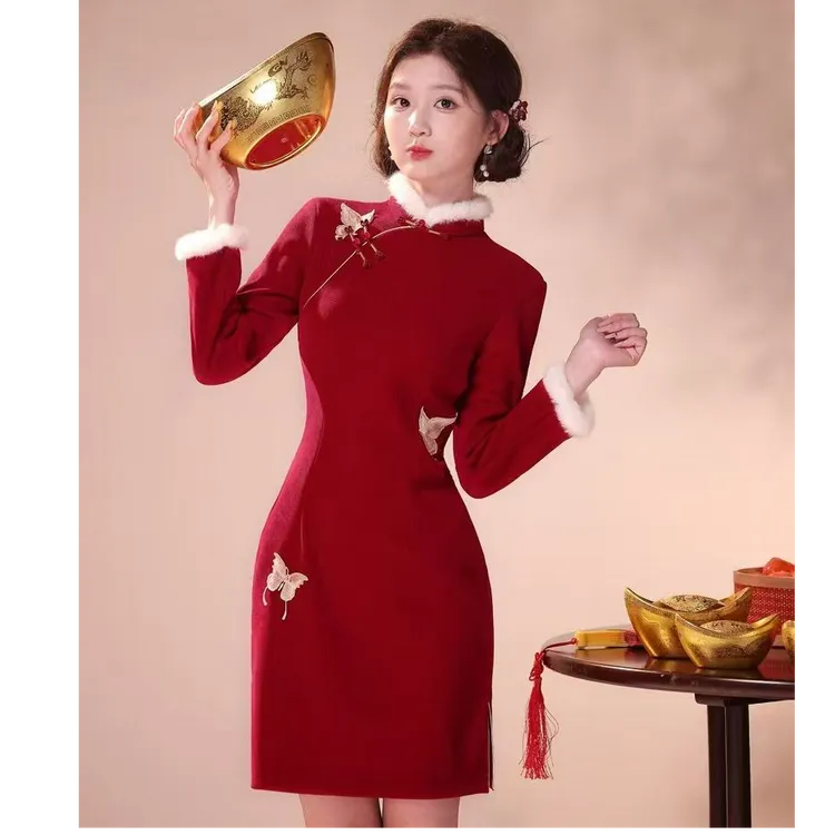 花蝴蝶--红色加绒加厚蝴蝶日常气质小个子国风旗袍秋冬