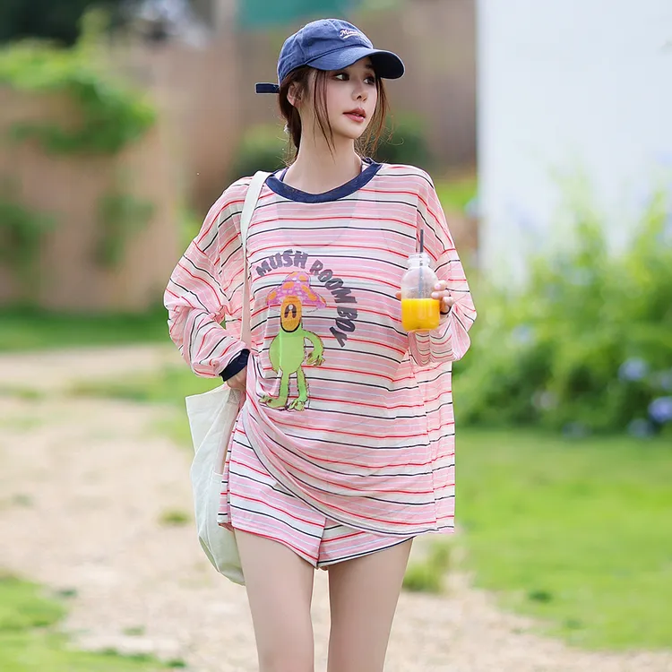 大码泳衣胖mm显瘦遮肚韩版少女条纹长袖罩衫分体三件套游泳衣女款
