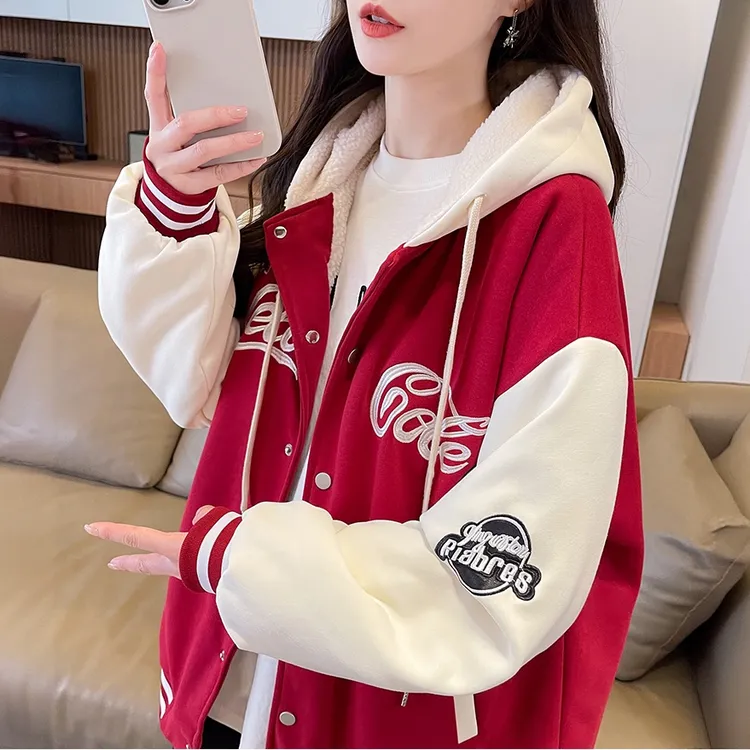 红色美式棒球服女春秋休闲百搭外套2025秋季新款学生大童连帽卫衣