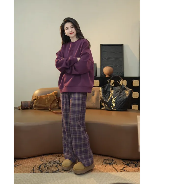 小乖逃D休闲舒适紫色卫衣秋冬ES字母卫衣圆领宽松S24171