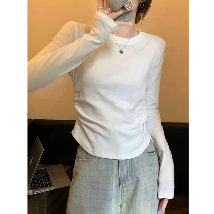 设计感褶皱正肩打底衫圆领棉质长袖T恤女秋季简约内搭修身上衣