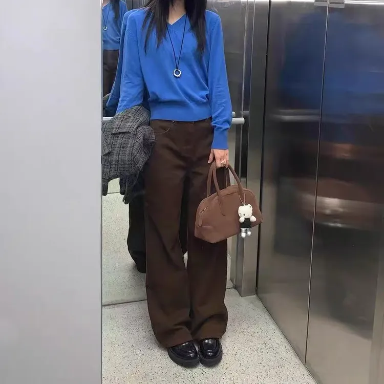 美式复古咖啡色高腰垂感牛仔裤女直筒宽松显瘦小个子阔腿长裤