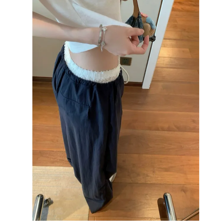 蕾丝腰拼接薄款工装裤女松紧腰系带时尚阔腿裤A1165 