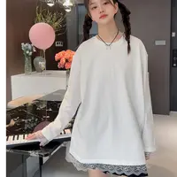 跳跳鱼童装   2025春季设计感蕾丝拼接宽松休闲纯色长袖T血279031