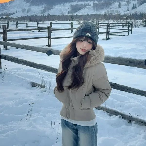 超好看小海鸥【内里加绒】冬季大毛领连帽收腰棉袄女高级感加厚棉服