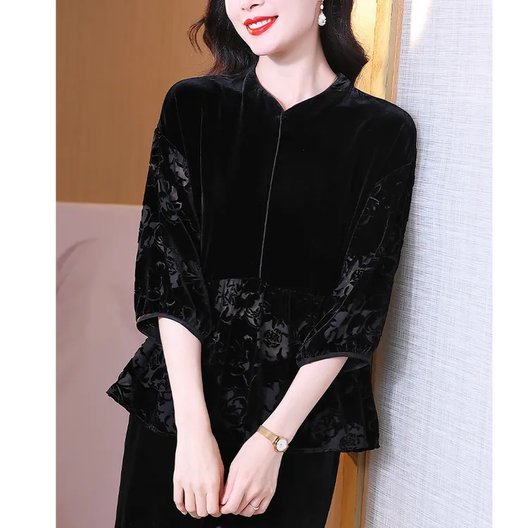 秋季新款真丝丝绒上衣女士黑色七分袖遮肉显瘦宽松显瘦桑蚕丝小衫