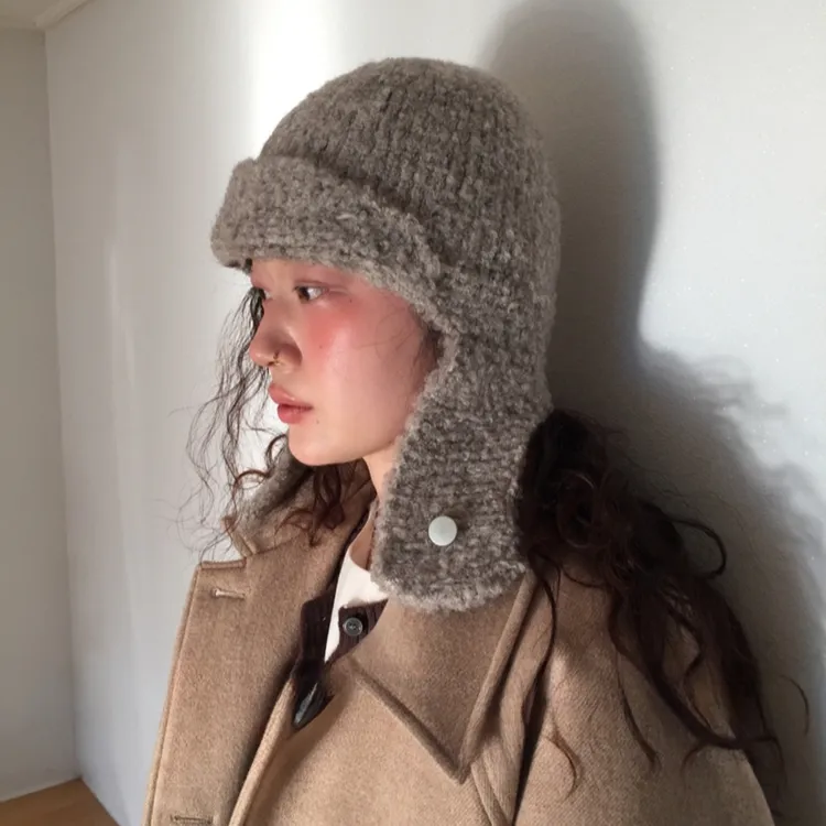 韩国设计师针织圈圈羊毛可爱飞行帽女冬白色护耳保暖毛线雷锋帽子