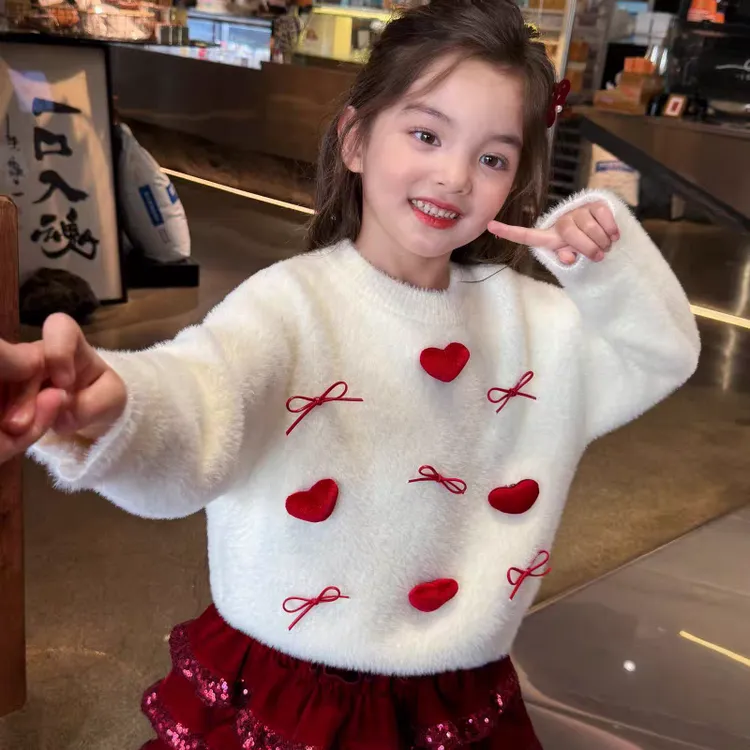 女童厚毛衣仿貂毛圣诞红冬装2026新款儿童保暖针织衫软糯毛衣