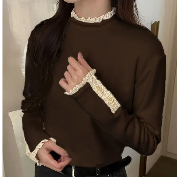 280克德绒花边领打底秋冬新款宽松显瘦女洋气百搭打底衫