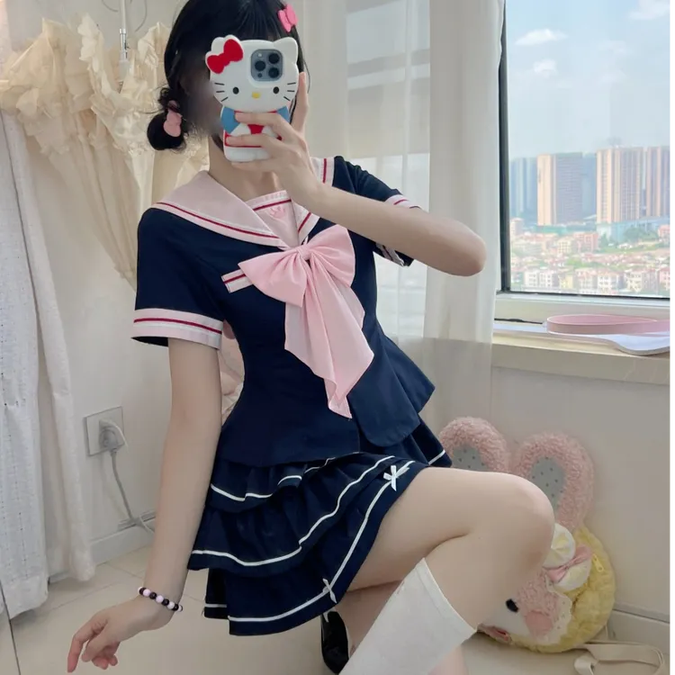 【新品】妙也可原创软妹服蓬蓬百褶裙显瘦学院风jk收腰水手服推荐