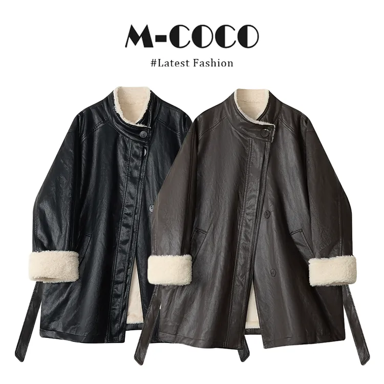 酷飒风系带收腰中长款皮衣外套女冬季新款加厚保暖大衣