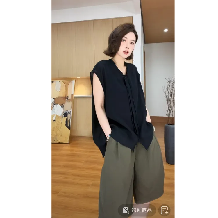 YYOUHAN 2025新款【随性时光】百搭圆领系带无袖衬衫上衣 2506C3211