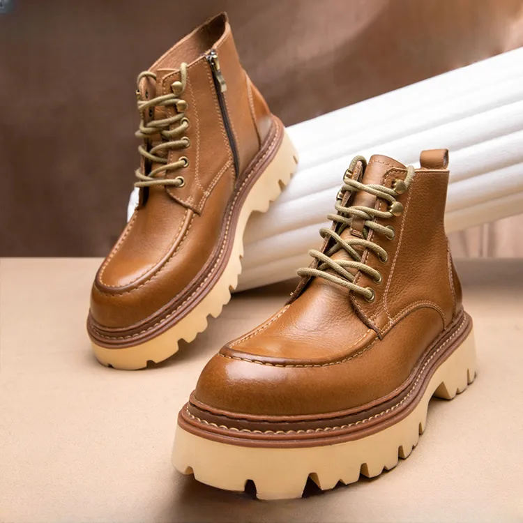 纪诗哲厚底工装靴男士牛皮短靴拉链机车增高复古风马丁靴男鞋