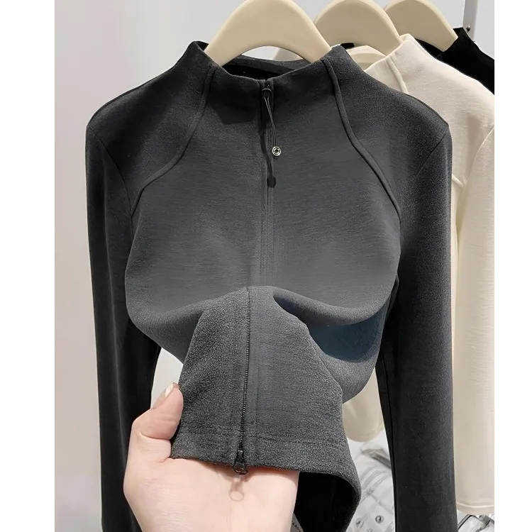 爆炸好看~半高领德绒秋冬打底衫女2025双拉链开衫外套修身T恤
