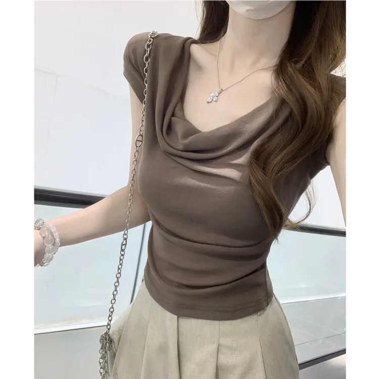 高级感纯欲气质荡领显瘦设计感短袖T恤女春夏新款堆堆领别致上衣