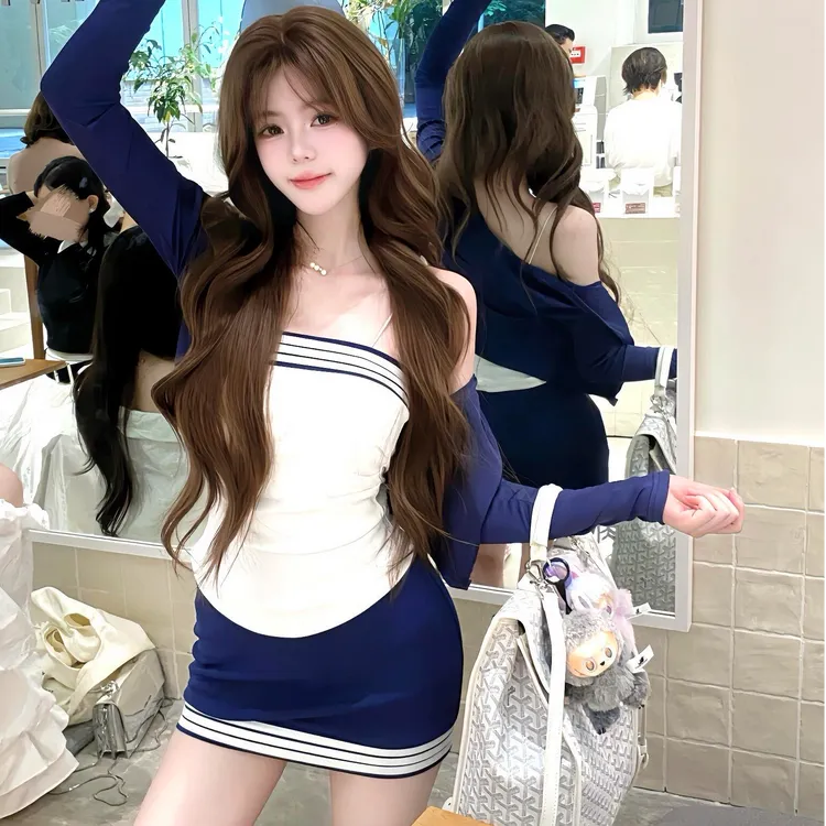 韩系辣妹性感修身吊带抹胸短款开衫上衣显瘦包臀短裙子三件套装女