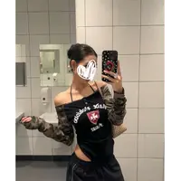 美式复古迷彩拼接长袖T恤显瘦修身百搭上衣打底一字肩辣妹潮