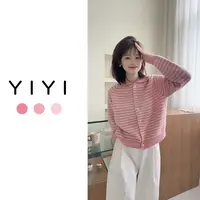 【YiYi】韩版全羊毛秋冬针织条纹撞色时尚百搭翻领开衫