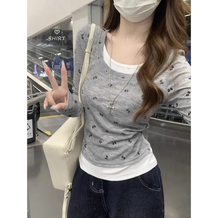 灰色假两件蝴蝶结印花长袖t恤女春秋设计感修身收腰显瘦秋季上衣
