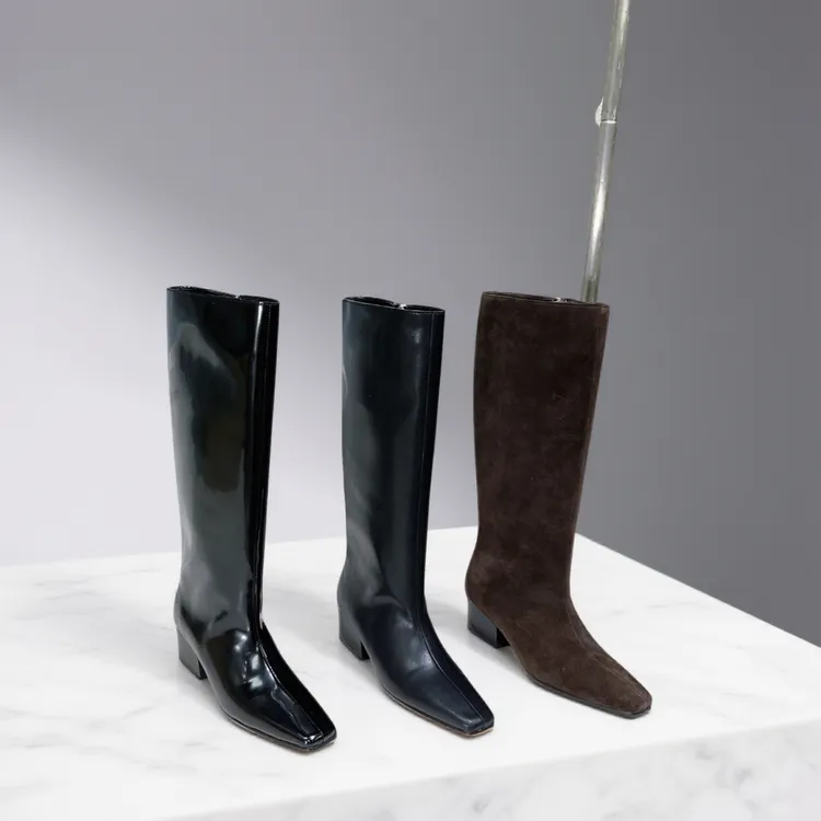 法式方头增高显瘦简约百搭中跟长靴秋冬时尚气质女靴通勤直筒靴