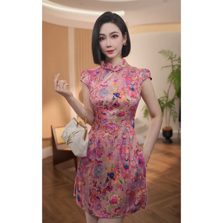 夏季新款【锦簇芳华】新中式国风立领盘扣修身显瘦改良旗袍两件套