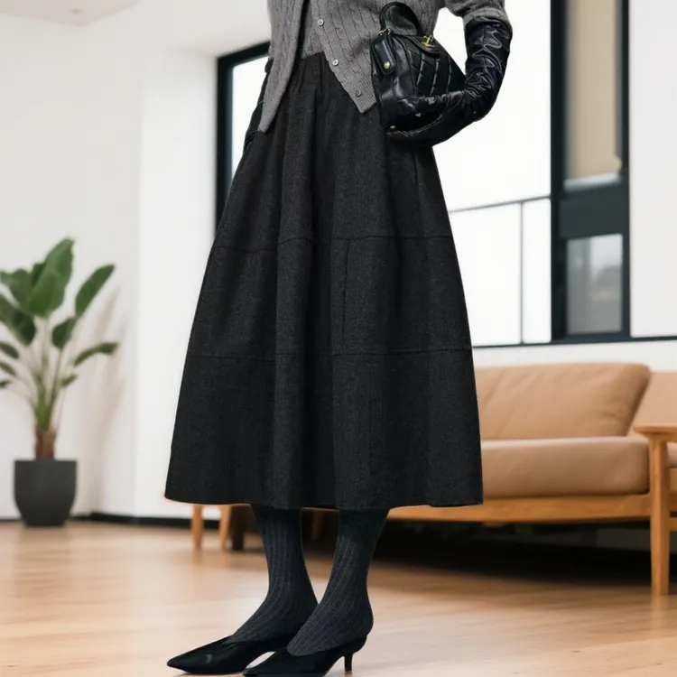 秋冬高品质羊毛呢法式赫本风女花苞半身裙黑色裙子高腰松紧腰伞裙