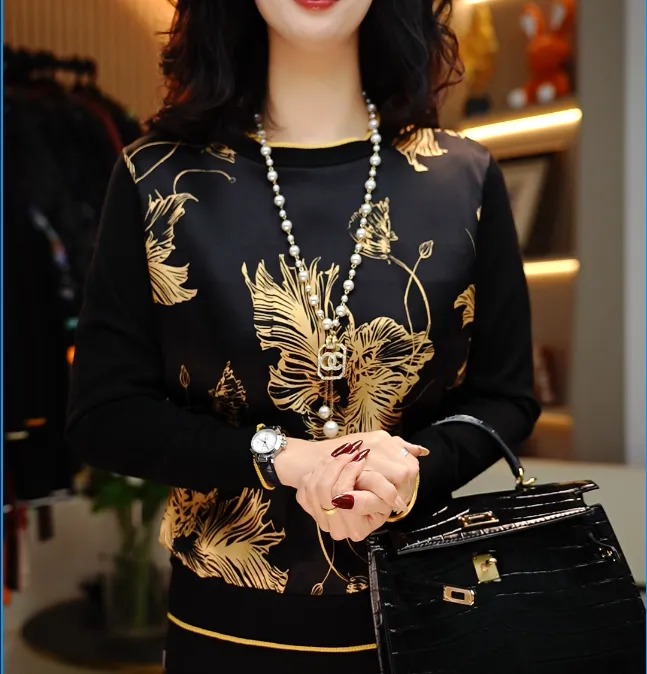 2025秋冬季时尚百搭桑蚕丝印花女士休闲长袖圆领套头衫-新18