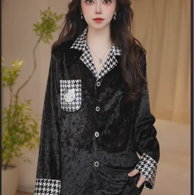 DAVINCIART达芬奇密码新款千鸟格金砖绒秋冬女款宽松睡衣家居服