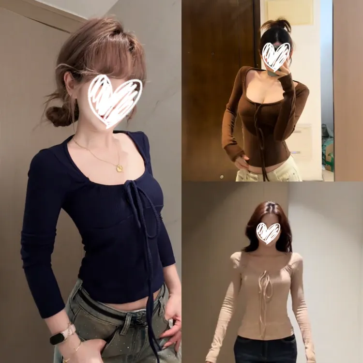 2025秋冬新款纯欲绑带设计感长袖t恤女坑条方领显瘦修身打底上衣